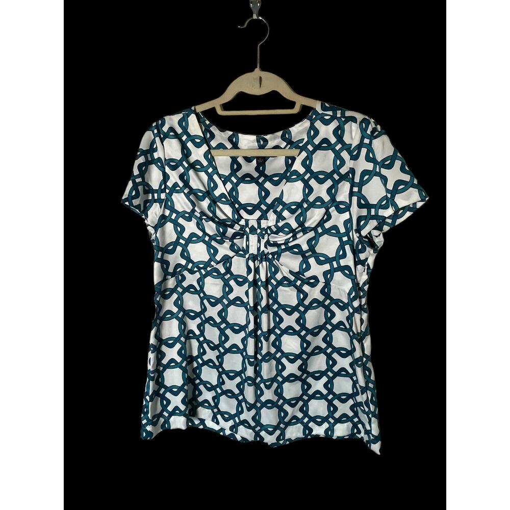 BANANA REPUBLIC EUC Green White Short Sleeve Silk Top Size Large